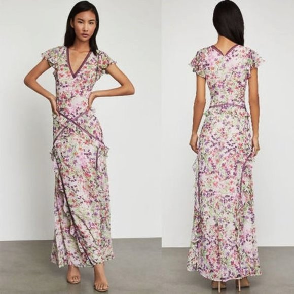 *NWT* BCBGMaxAzria Floral Ruffled V-Neck Gown with Short Flutter Sleeves *Size 0 - Picture 1 of 16
